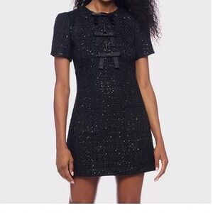 Alex & Sophia Tweed Sequin Dress Womens 13/14 New Black Bow Mini